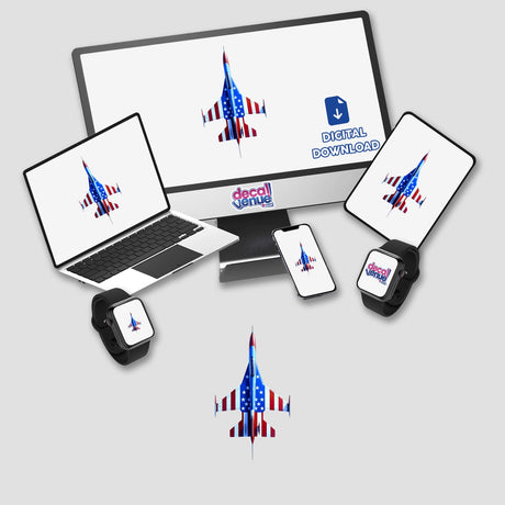 A Cool American Flag Fighter Jet displayed on a computer monitor and laptop screen, showcasing its striking design. Available as stickers or digital artwork from Decal Venue.