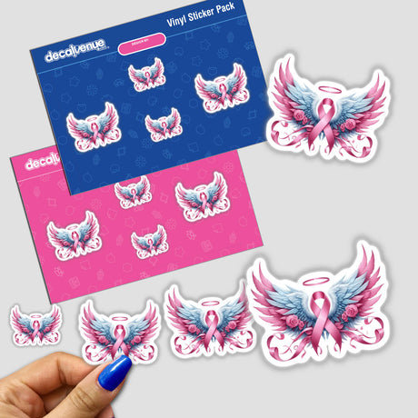 Angel Wings Pink Cancer Ribbon Adorned w/Roses stickers featuring pink ribbons with wings and flowers, available as stickers or digital artwork.