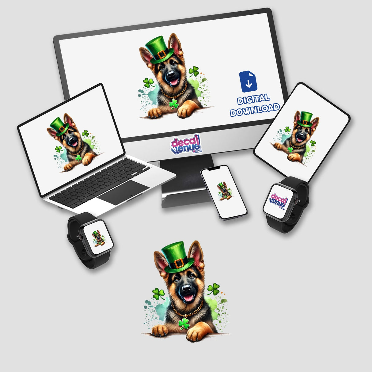 St Patricks Day Irish German Shepherd depicted on a computer monitor and laptop, showcasing a dog wearing a green hat, available as stickers or digital artwork from Decal Venue.