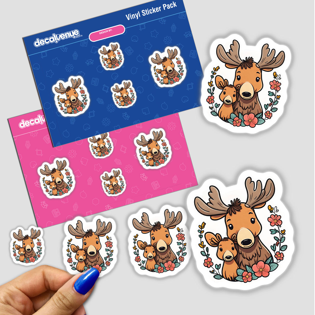 Colorful sticker pack featuring illustrations of mama and baby moose surrounded by floral wreaths, showcased on a Decal Venue product display.