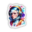 Sci-Fi Astronaut Air Hostess Sticker | Quantum Vintage Space Art: A cartoon woman in an astronaut suit with blue hair and helmet, featuring colorful space elements. Available as stickers or digital artwork.