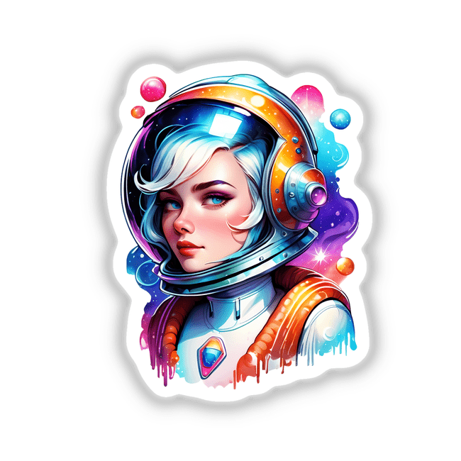 Sci-Fi Astronaut Air Hostess Sticker | Quantum Vintage Space Art: A cartoon woman in an astronaut suit with blue hair and helmet, featuring colorful space elements. Available as stickers or digital artwork.