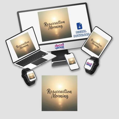 Resurrection Morning - Christian Easter Sticker or Clipart showcases a computer monitor and a laptop displaying digital artwork, available with commercial rights from Decal Venue, specializing in unique vinyl stickers and digital art.