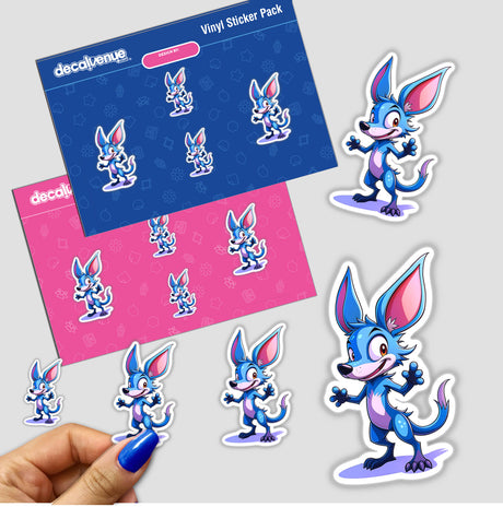 Sticker pack featuring 'Canine Fighter - K-9 Crusader' with cartoon blue dog characters, available as unique vinyl stickers or digital artwork from Decal Venue.