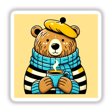 Cozy Bear with Beret and Tea Cup: A charming cartoon bear in a beret holds a steaming cup, available as stickers or digital artwork, capturing a warm, whimsical design from Decal Venue.