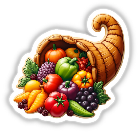 Cornucopia with Colorful Fruits and Vegetables: A vibrant array of natural produce including tomatoes, bell peppers, and a pumpkin, available as unique stickers or digital artwork from Decal Venue.