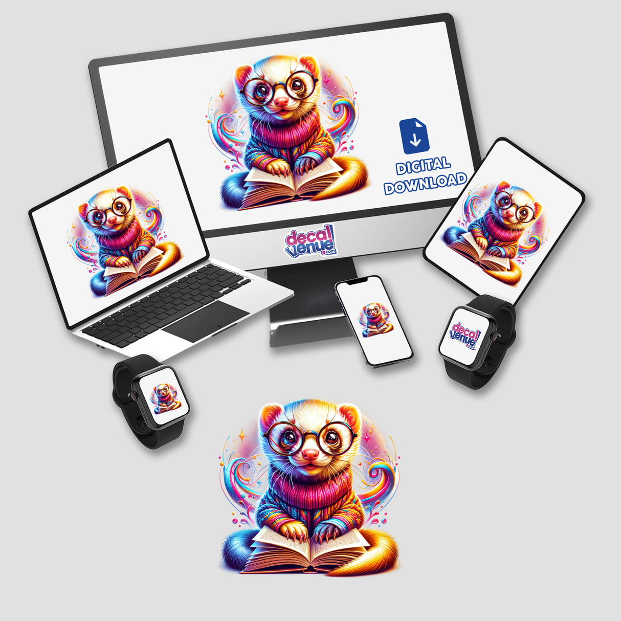 Ferret With Reading Glasses Open Book depicted on a computer monitor and laptop, showcasing a cartoon ferret reading a book. Available as stickers or digital artwork from Decal Venue.