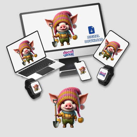 Cute digital gnome with shovel on various electronic devices, available for purchase as a sticker or digital download from Decal Venue's online store.