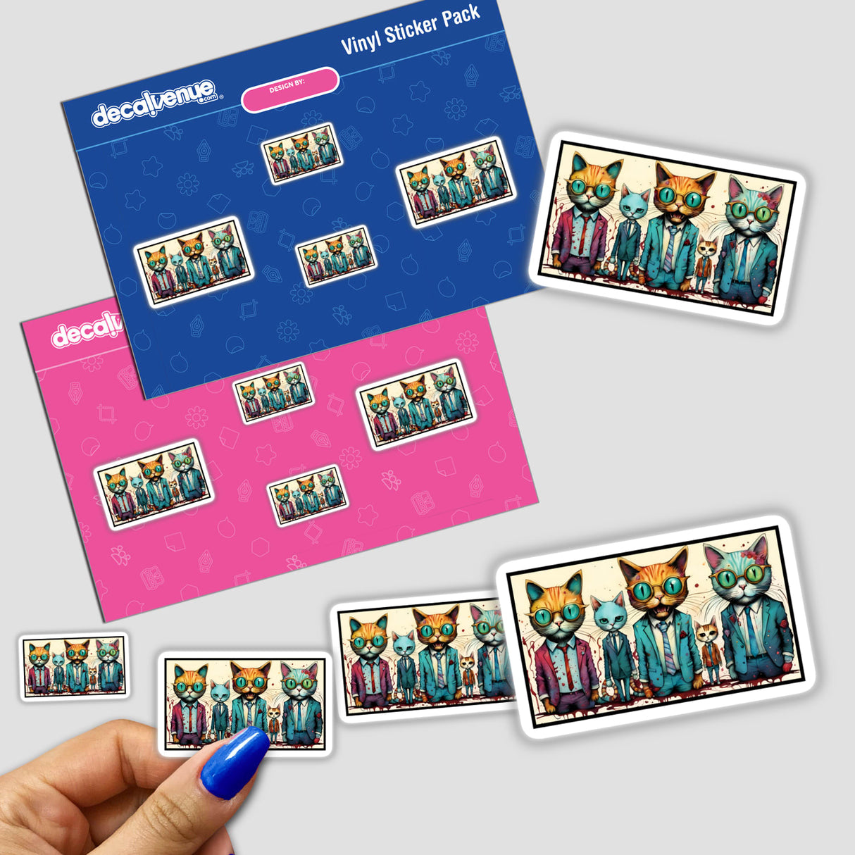 5 Psycho Cats in Suits stickers featuring cartoonish cats dressed in suits and ties. Available as both stickers and digital artwork, perfect for adding quirky charm to your collection.