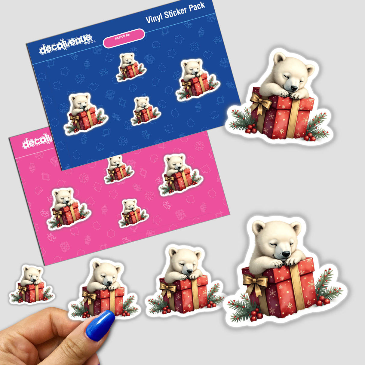 Polar Bear in Christmas Present Box stickers, featuring cartoon polar bears holding gifts, available as stickers or digital artwork, perfect for adding a festive touch from Decal Venue's unique collection.