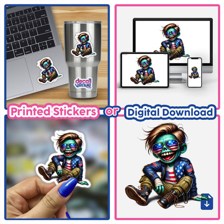 Patriotic Leather Zombie Aviator Sunglasses stickers and digital artwork featuring a cartoon character in various poses, including one with sunglasses and a jacket, and another on a laptop.