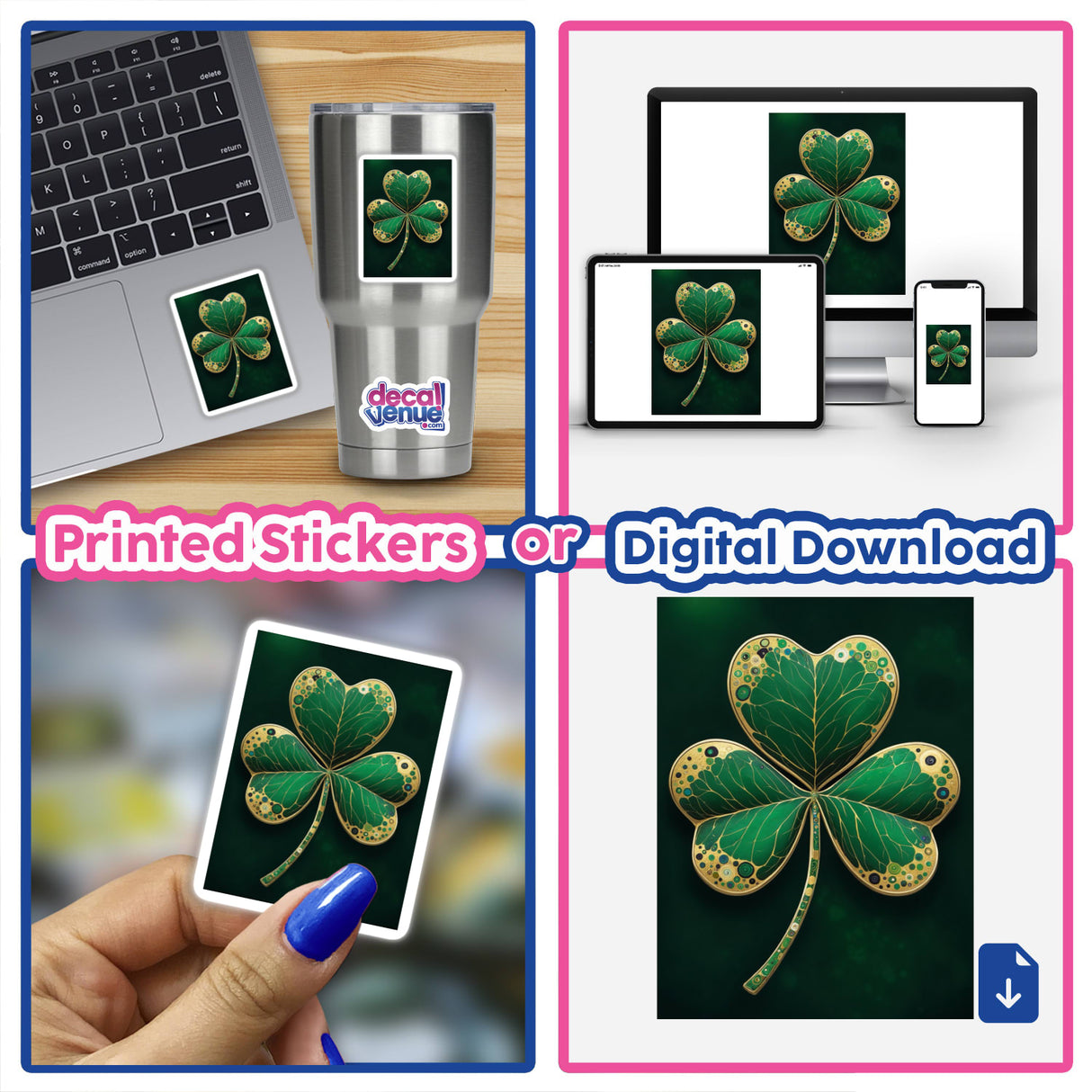 Shamrock – Green Clover with Gold and Jewel Accents featured as a sticker on a laptop, showcasing its intricate design, available as both vinyl stickers and digital artwork.