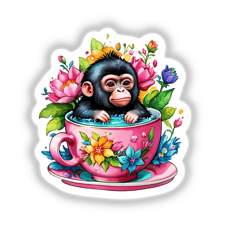 Gorilla Tea Cup: Cute Floral Splash Sticker – A whimsical cartoon monkey sitting in a teacup surrounded by vibrant flowers, perfect for unique sticker or digital art collections.