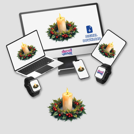 Candle in a Christmas Wreath displayed on various digital screens and devices, showcasing its availability as stickers or digital artwork.