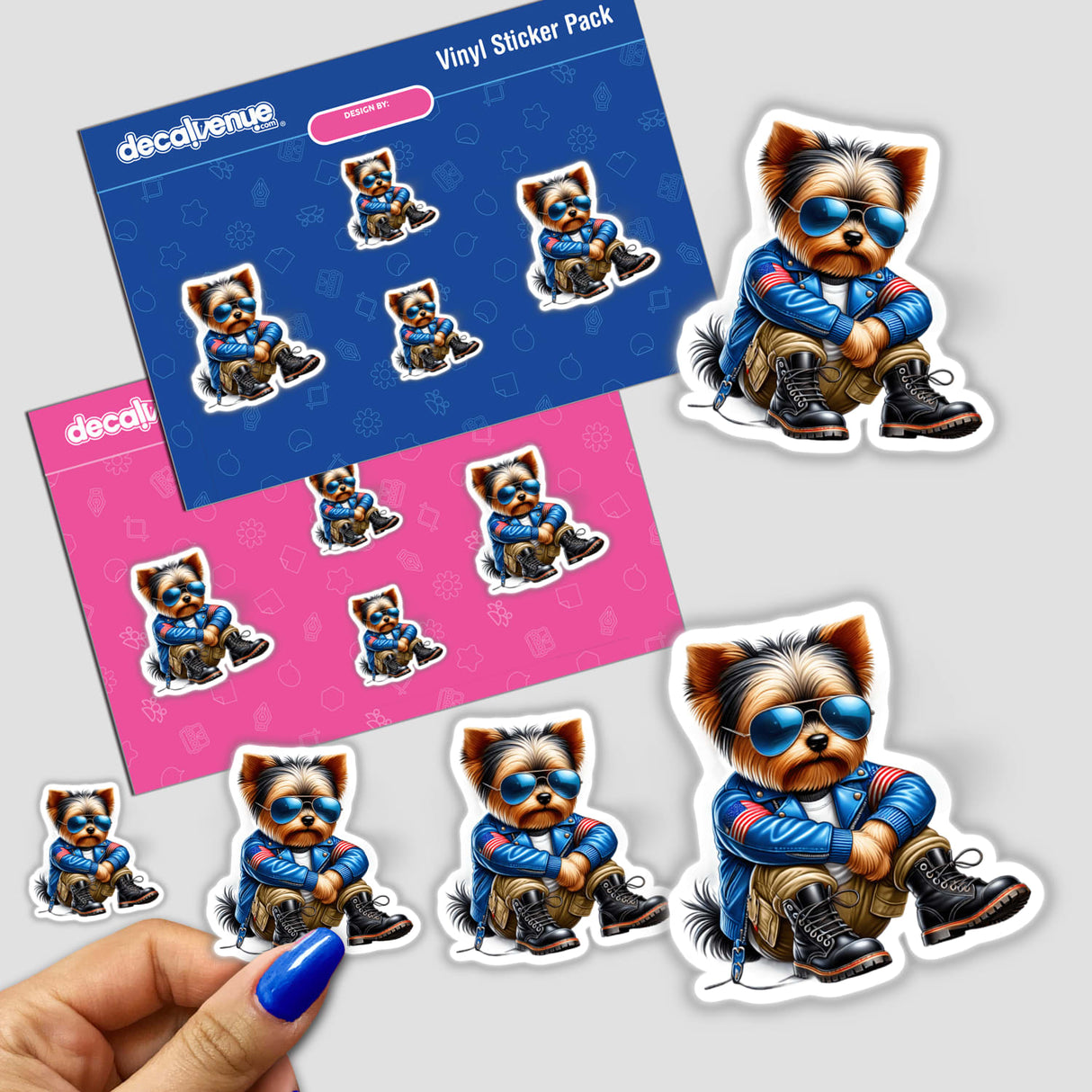 Patriotic Yorkshire Terrier in Leather Jacket - Digital Artwork Sticker Pack from DecalVenue featuring adorable cartoon Yorkshire Terrier character wearing a blue leather jacket, surrounded by smaller sticker versions of the same design.