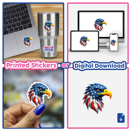 Collage featuring A Cool American Flag Eagle stickers, showcasing cartoon bird designs with flag motifs, ideal for laptops or cups, available as stickers or digital art from Decal Venue.