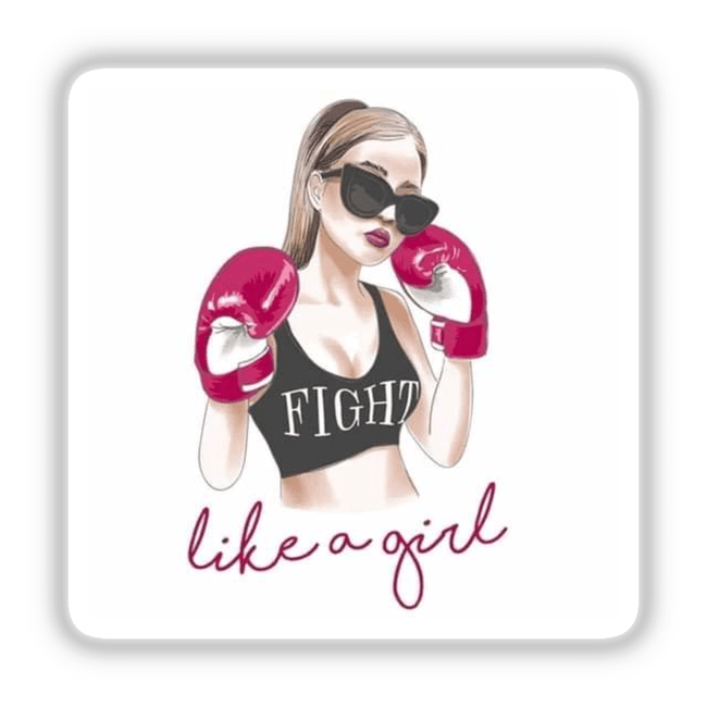 Woman wearing sunglasses and boxing gloves from the Gold Breast Cancer Series 14, available as stickers or digital artwork.