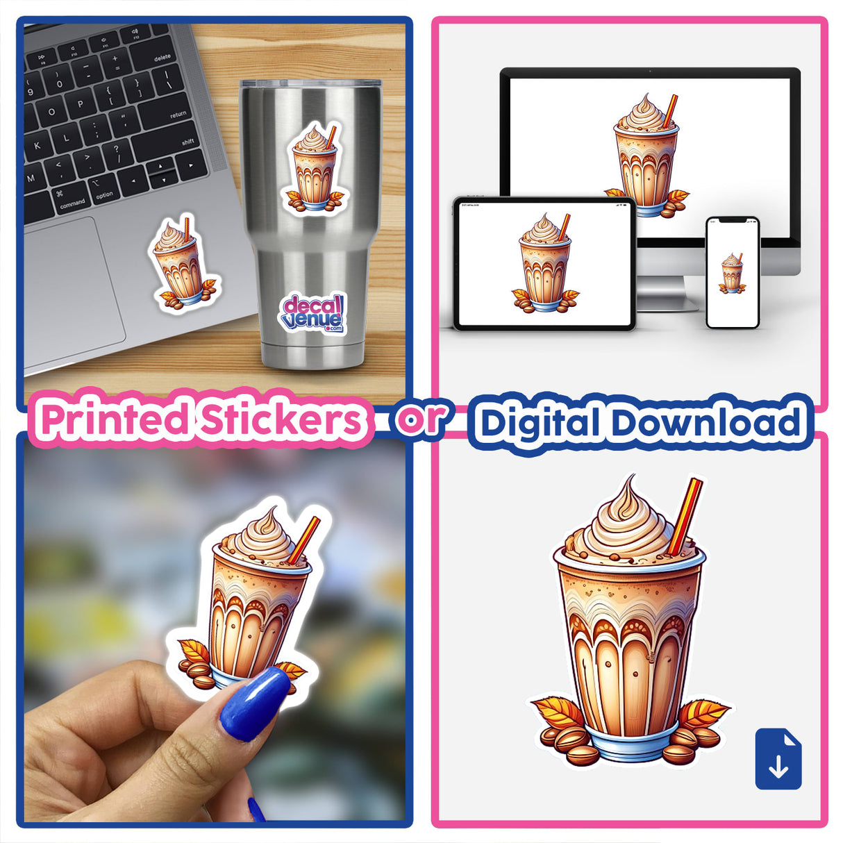 Colorful illustrations of a frappuccino-style drink with whipped cream and decorative elements, available as printed stickers or a digital download for various devices, as shown in the Decal Venue store product images.