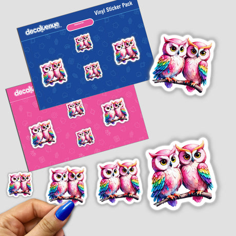 Lovebirds: Cute Pink Owl Couple in Love sticker pack features adorable cartoon owls with large eyes and vibrant designs, perfect for adding charm to any surface.