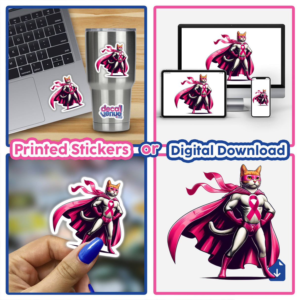 Collage featuring the Superhero Cat Pink Ribbon Breast Cancer, including stickers and digital artwork of a cat in a superhero outfit, close-ups of stickers on hands, laptops, and other surfaces.