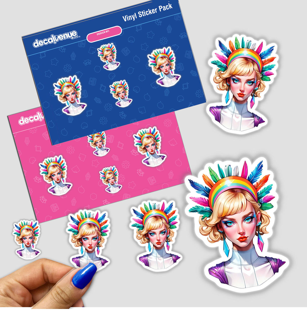 Feathered Pop Artist Sticker featuring a cartoon woman with colorful feathers, available as a sticker or digital artwork. Bright, edgy design ideal for unique, bold expressions from Decal Venue.