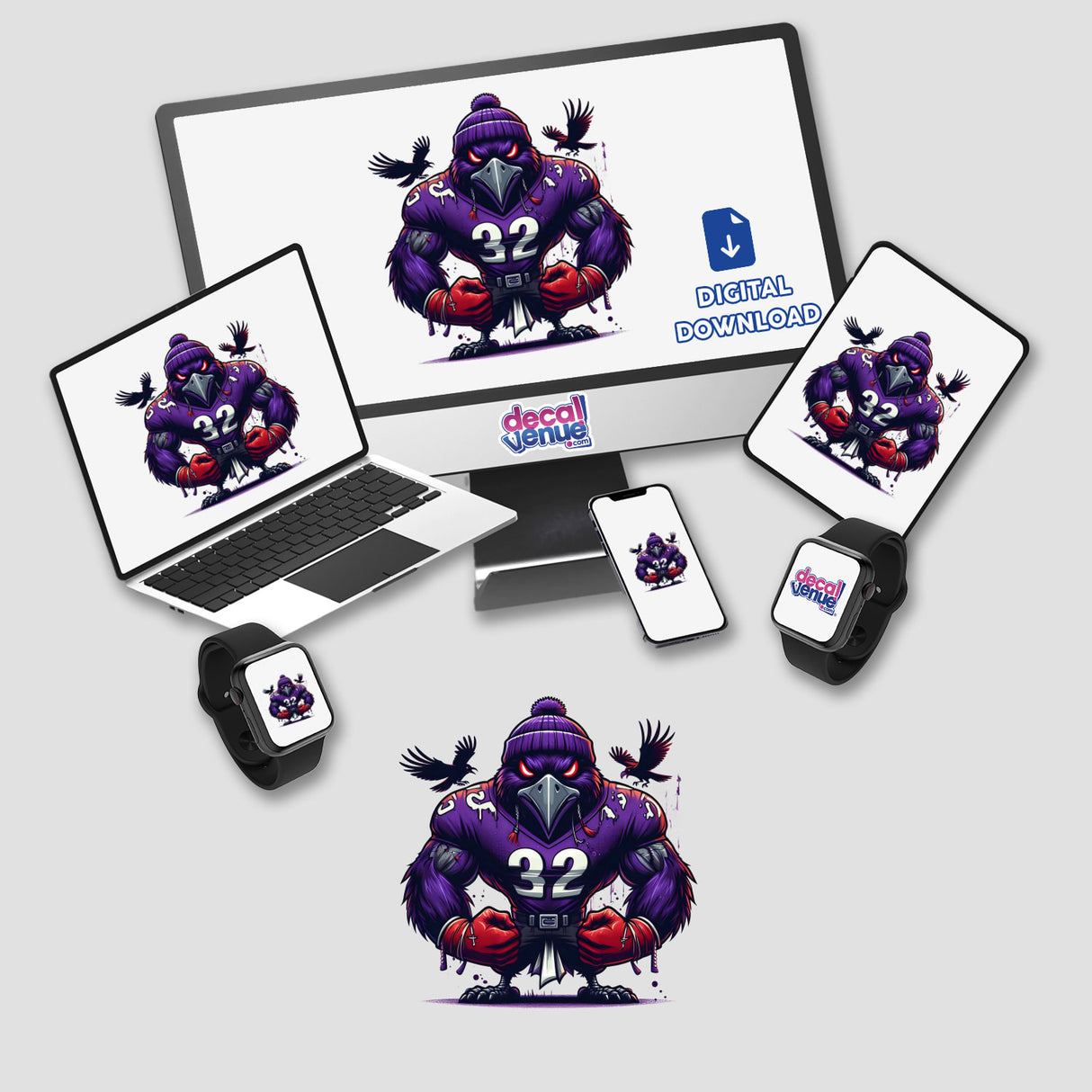 Purple Raven Bird Wearing Football Jersey III depicted on a laptop and monitor screen, showcasing the cartoon character available as unique stickers or digital artwork.