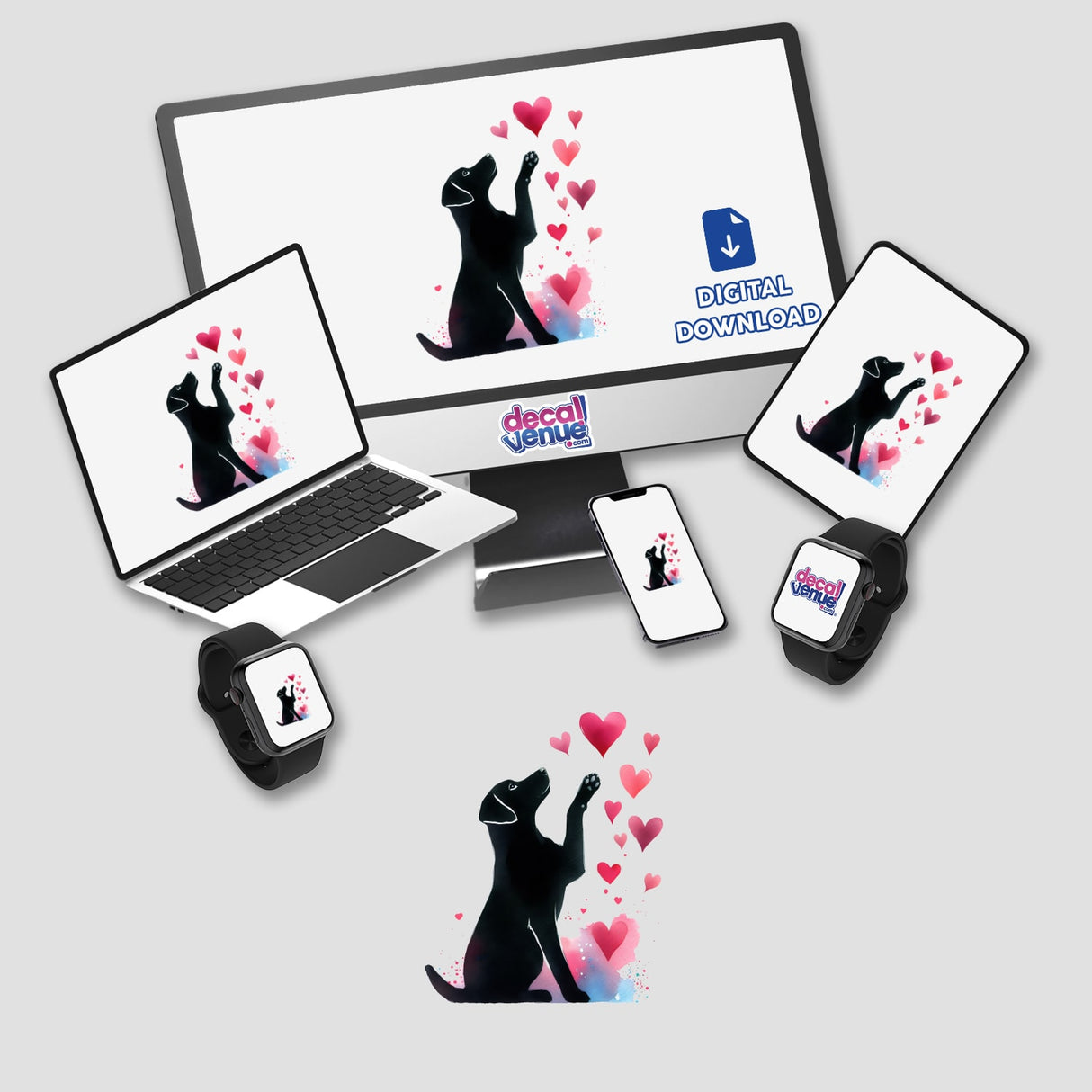 Whimsical digital art featuring a silhouette of a dog reaching for floating hearts. The product is displayed across various electronic devices, including a laptop, smartphone, smartwatch, and other digital screens. The Decal Venue logo and "Digital Download" text are visible, indicating this is a digital artwork available for download from the Decal Venue store.