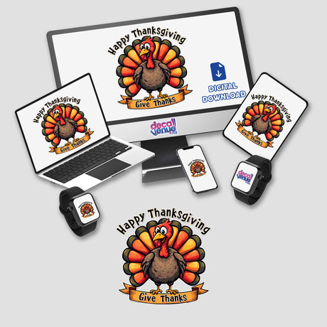 Happy Thanksgiving Turkey Give Thanks: Laptops, phones, and gadgets featuring turkey images, available as stickers or digital artwork. Perfect for adding festive charm to your devices.