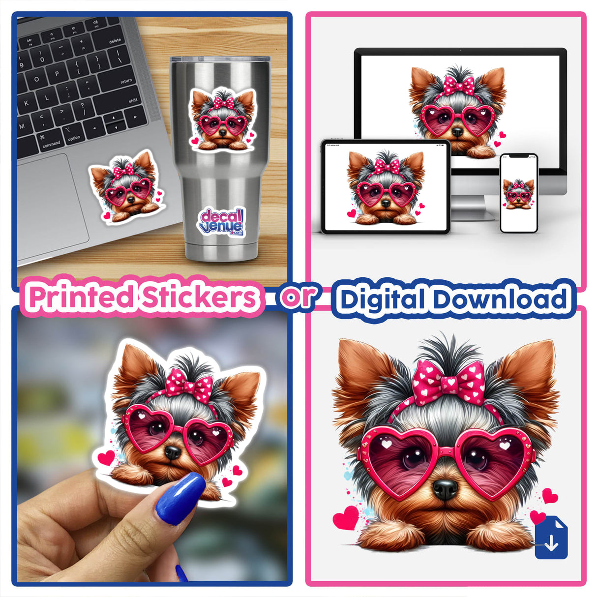 Yorkie in Heart Sunglasses sticker collage, featuring a dog wearing pink heart-shaped sunglasses. Displayed on a cup and laptop, available as stickers or digital artwork.