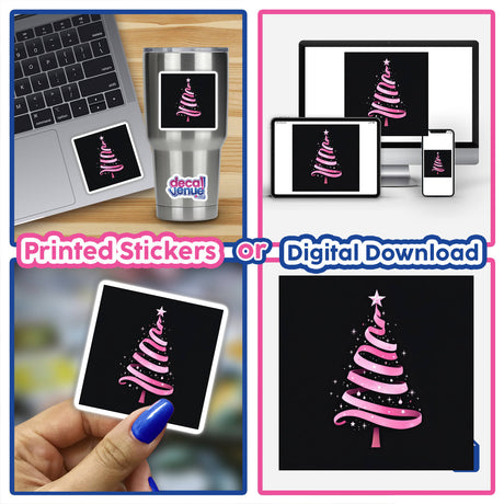 Pink Ribbon Christmas Tree design featured in a collage, showcasing its availability as stickers or digital artwork, emphasizing unique and creative offerings from Decal Venue.