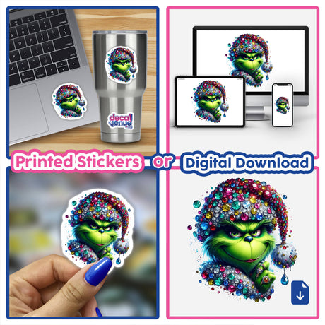 Jeweled Sassy Green Grouch Face in Santa Hat sticker and digital art featuring a cartoon character with gems, ideal for laptops and decals.