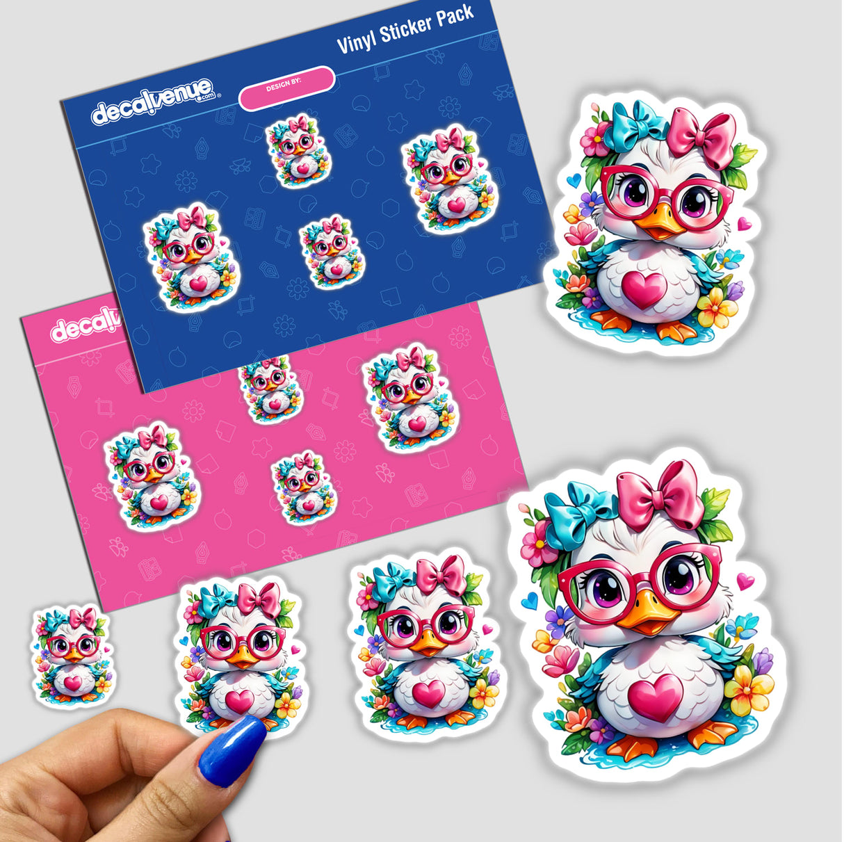 Cute duck wearing reading glasses featured on a sticker sheet with other cartoon characters. Available as stickers or digital artwork from Decal Venue.