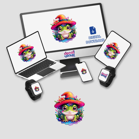 Computer monitor and laptop displaying a cartoon wizard frog, available as stickers or digital artwork.