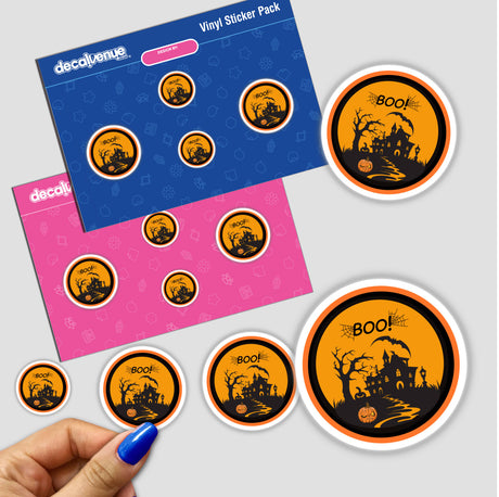 Halloween Boo stickers displaying a spooky house and pumpkins, perfect for seasonal decoration or digital art.