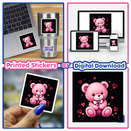 Collage featuring a laptop adorned with a sticker of a Pink Teddy Bear with White Bow and Red Hearts, showcasing Decal Venue's unique sticker and digital art offerings.