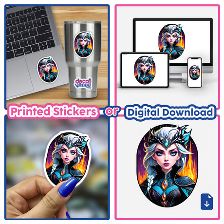 An Evil Queen Anime Girl collage showcasing digital artwork and stickers, featuring a cartoon character on a laptop, mug, and sticker, embodying Decal Venue's unique vinyl art collection.