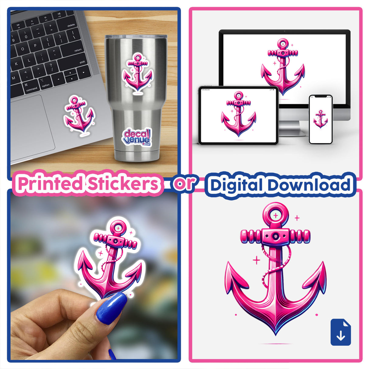 Collage featuring a laptop adorned with a Pink Anchor for Hope and Stability sticker, a hand holding the same sticker, and close-up views of the pink anchor design.