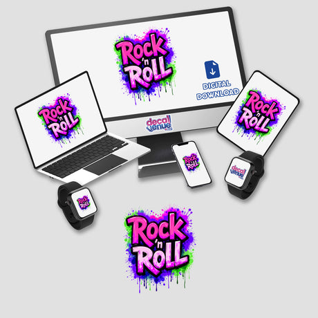 Rock 'n Roll Graffiti Art featuring a logo on a computer screen and laptop, available as unique stickers or digital artwork from Decal Venue.