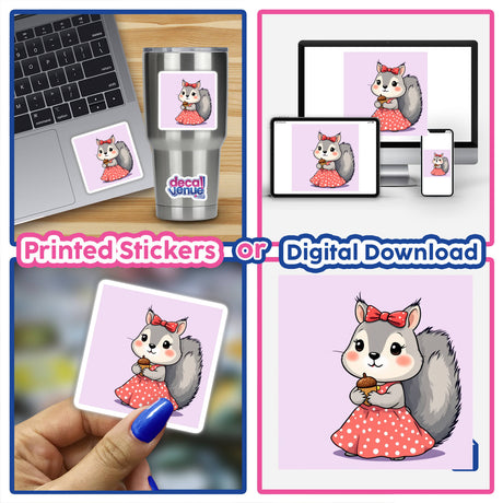 Squirrel in Polka-Dot Dress with Acorn sticker, featuring a cartoon squirrel holding an acorn, perfect for decorating laptops or as digital artwork from Decal Venue.