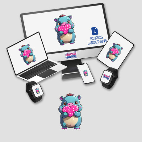 A Cute Pygmy Hippo With Love Hearts displayed on computer monitor and laptop, showcasing charming cartoon characters available as stickers or digital artwork.