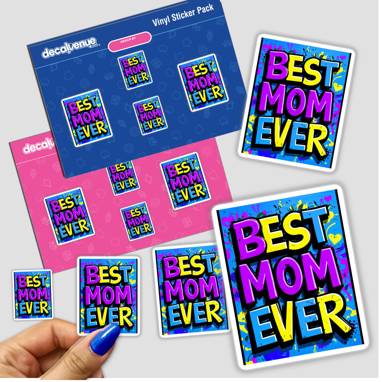 Best Mom Ever sticker pack held in a hand, showcasing a variety of colorful designs, embodying unique sticker artistry from Decal Venue. Available as both physical stickers and digital artwork.