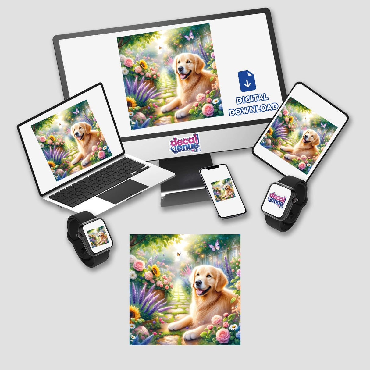 Golden Retriever in a Magical Garden Path Watercolor Illustration shown on a computer and laptop screen, featuring a dog surrounded by flowers, available as stickers or digital artwork.