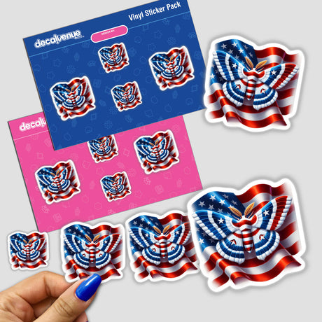 Patriotic moth with American flag stars and stripes vinyl sticker pack, featuring a variety of colorful and vibrant sticker designs created by DecalVenue.