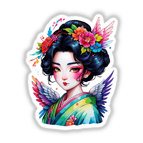 Sticker Design: Enchanting Angelic Geisha Beauty features a cartoon woman with flowers in her hair and wings, capturing a blend of elegance and fantasy in a vibrant illustration.