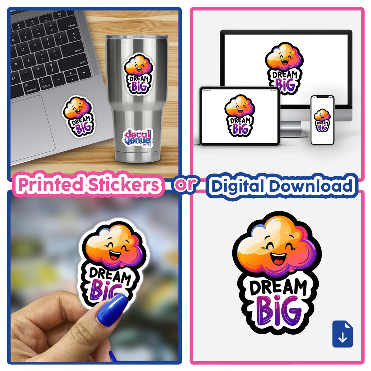 Dream Big Quote with Smiling Gradient Cloud sticker displayed on a laptop, featuring a cartoon cloud with a smiling face, representing Decal Venue's unique vinyl stickers and digital art offerings.