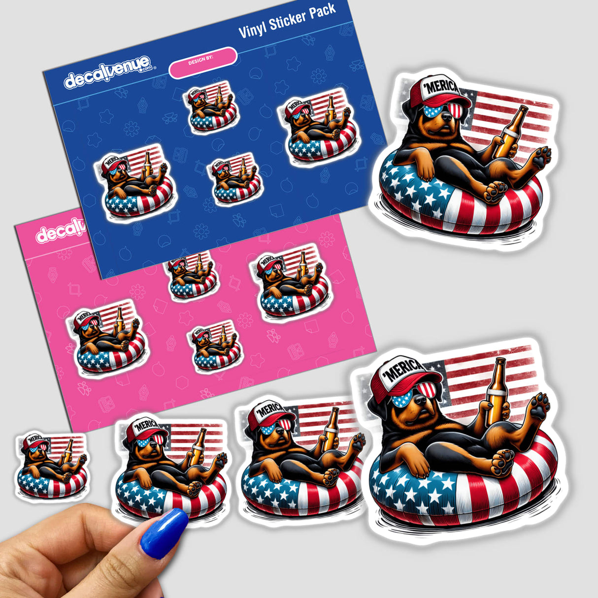 Patriotic Rottweiler Dog Digital Artwork: Unique stickers and digital art from Decal Venue, featuring a Rottweiler dog floating in an American flag-themed inner tube.