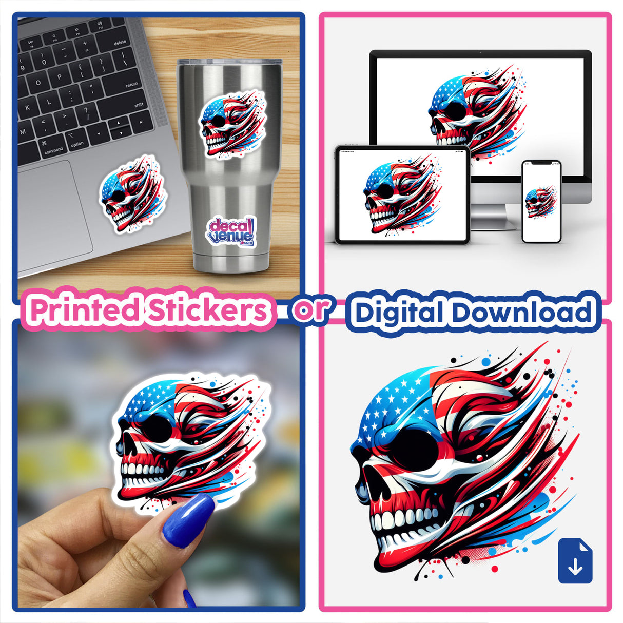 Collage featuring American Flag Skull design as stickers and digital downloads, including a laptop adorned with this unique vinyl sticker, highlighting Decal Venue's distinctive art offerings.