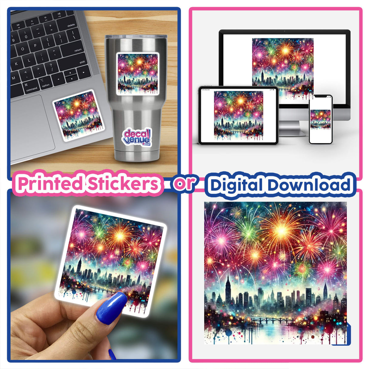 Collage featuring New Year’s Sparkle - Fireworks Over a Cityscape stickers and digital artwork; includes laptop, silver cup, and person holding fireworks photo.