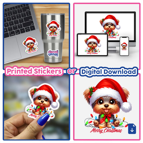 Merry Christmas Santa Yorkie Dog featured in a collage, showcasing stickers or digital artwork of a cartoon Yorkie in a Santa hat with festive lights, ideal for laptops or phones.