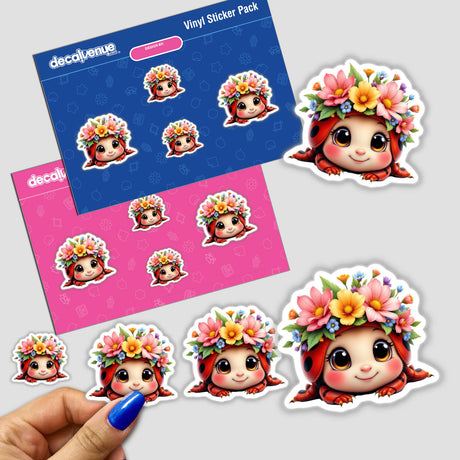 Adorable Ladybug with a Spring Flower Crown stickers, featuring cartoon ladybugs adorned with floral crowns. A hand holds one of the stickers, showcasing the playful and unique design available at Decal Venue.